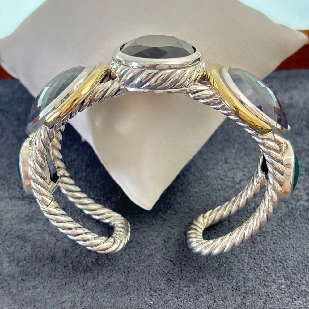 David Yurman 925 & 18k Gold Multi-Stone Viridian Cable Bracelet-Medium